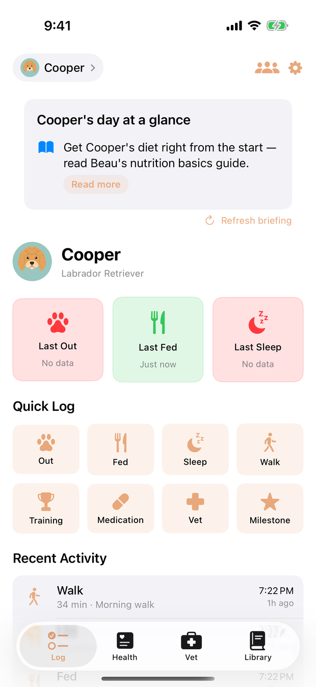 Beau's Log tab showing Cooper's day at a glance, last-out and last-fed tiles, and the Quick Log grid.