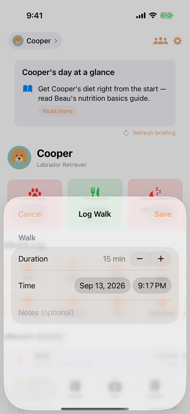 The Log Walk sheet in Beau, with duration and time already filled in and a Save button.