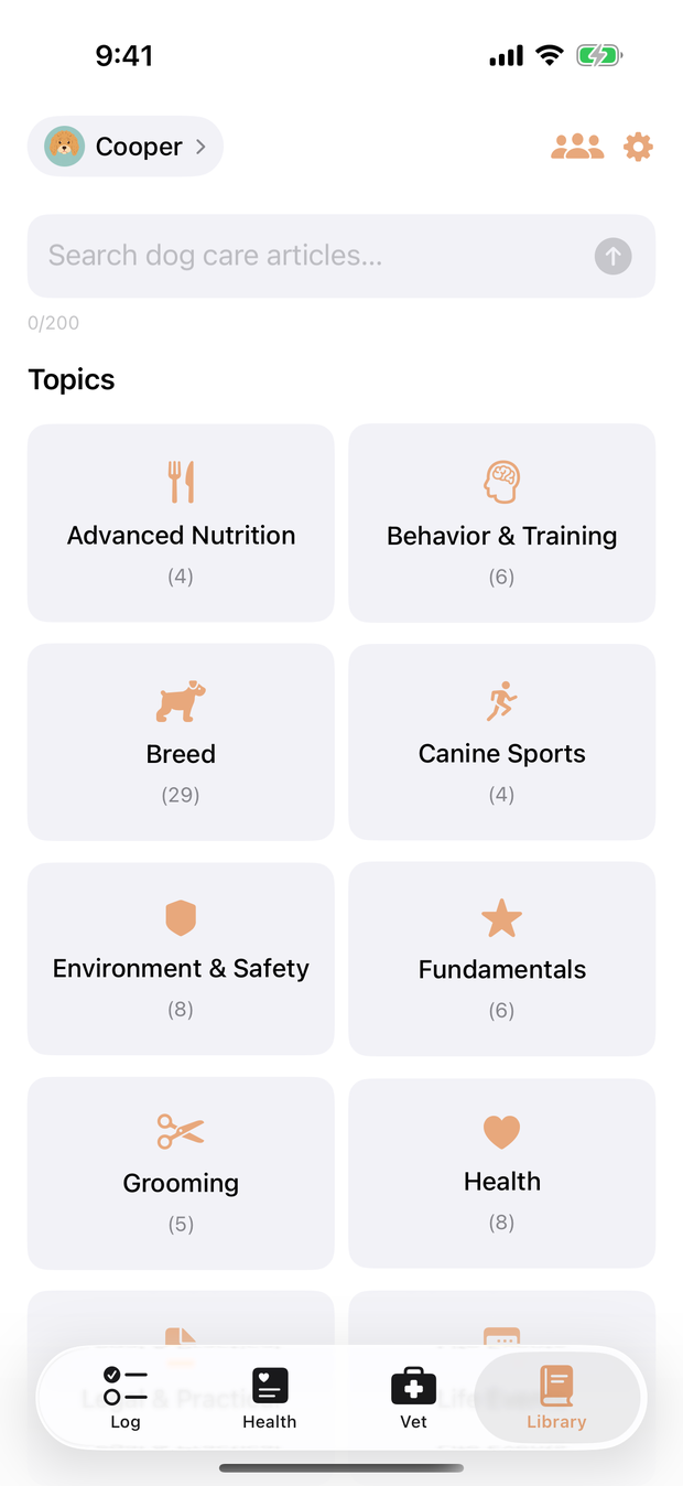 Beau's Library tab: a plain-words search box and topic cards for nutrition, behaviour and training, breed, canine sports, safety, grooming and health, each with an article count.