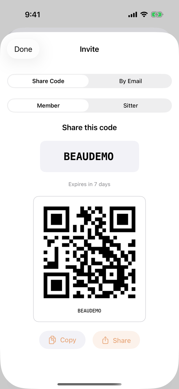 Beau's Invite sheet: share a code or send by email, as a Member or a Sitter, with a QR code and a seven-day expiry.